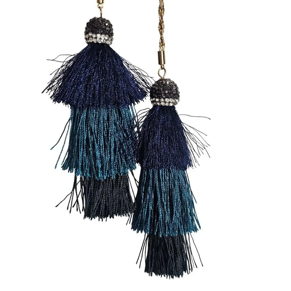 Neiman Marcus Gold-Tone‎ Rope Chain Necklace W/ Blue & Black Tassels 19